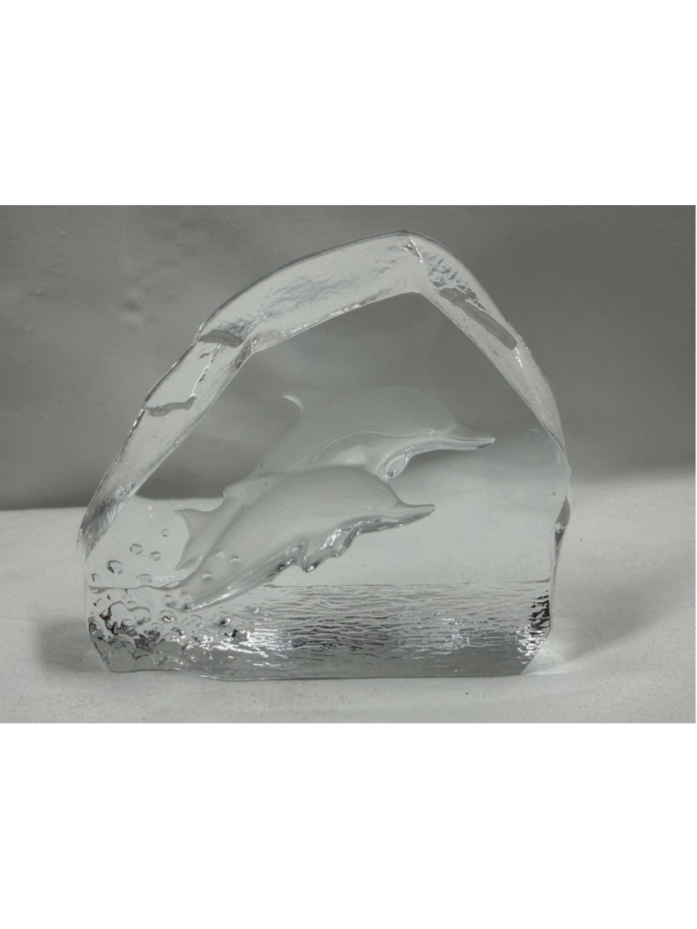 Nybro Sweden Paperweight Dolphins by Paul Isling Cut & Frosted Glass Signed